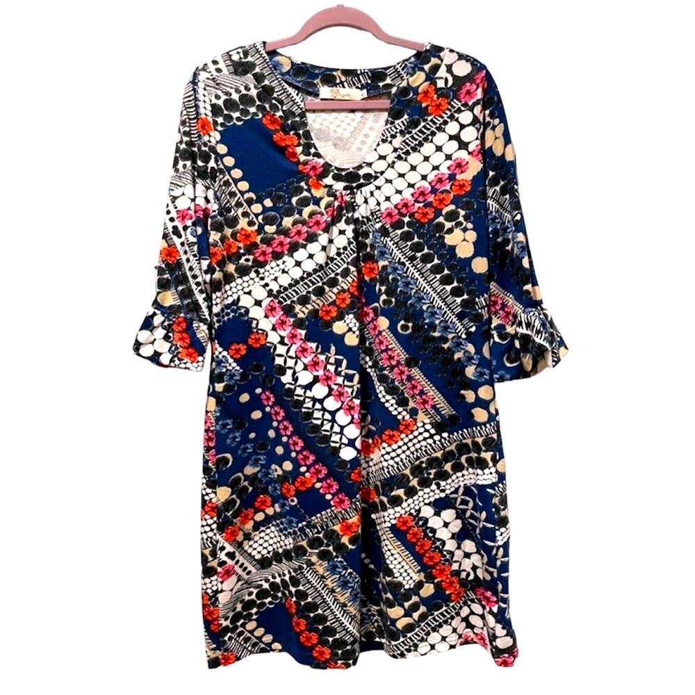 Aryeh Womens XL Blue Geometric‎ Floral Print Ruffle 3/4 Sleeve Shift Dress